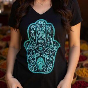 Women's Two Piece,Set Women's Rhinestone Hamsa Graphic Shirt V- Collar Short